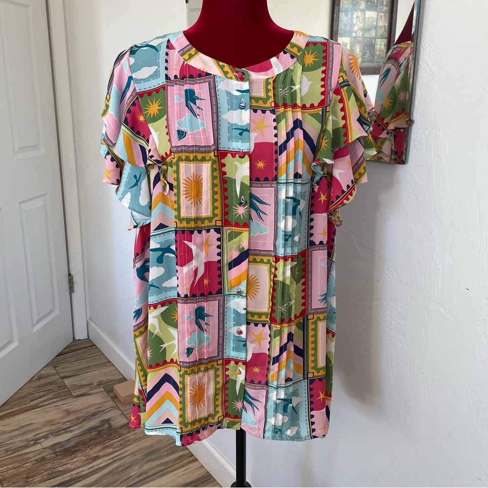Rose + Olive Top Button Down Beauty! Size 2X Gorgeous Pattern! Mint!
